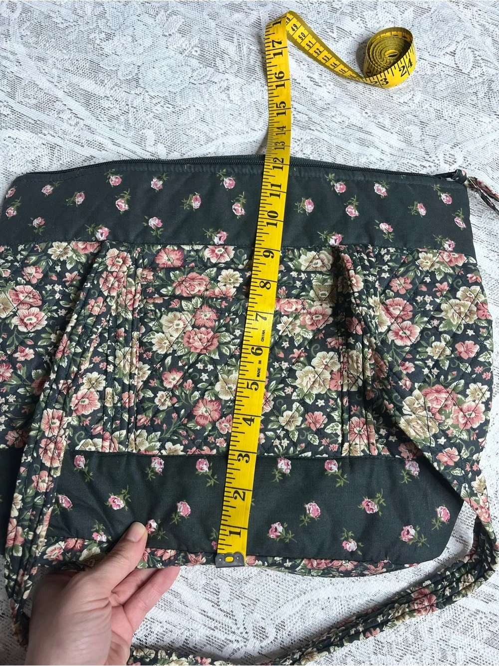 Floral Quilted 100% Cotton Tote Bag - Black with Pink & Cream Flowers
